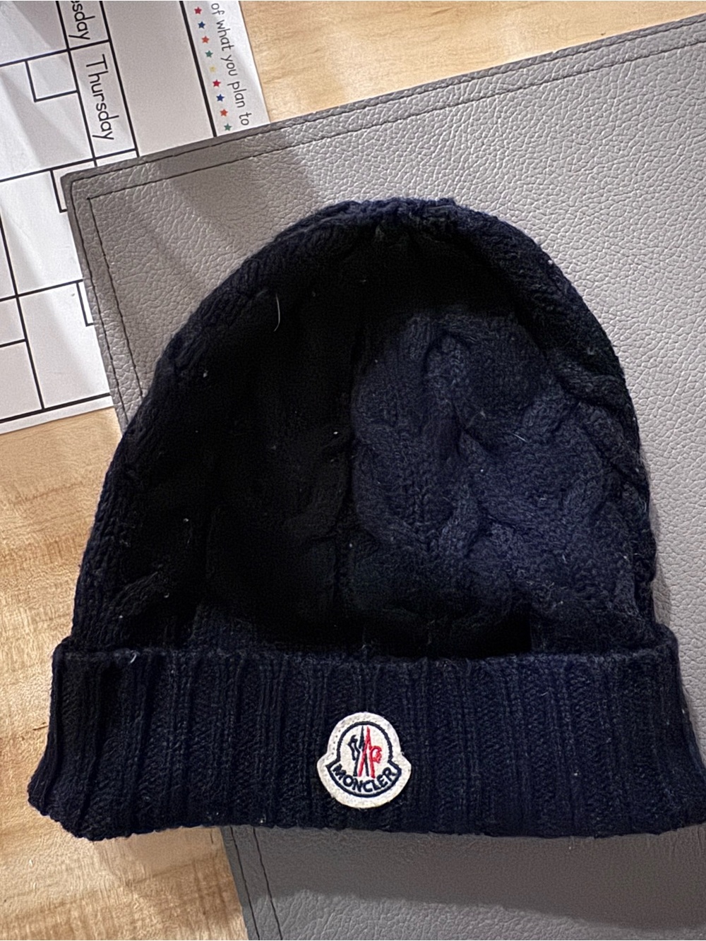 Moncler Navy Cable-Knit Beanie with Logo Patch Authentic